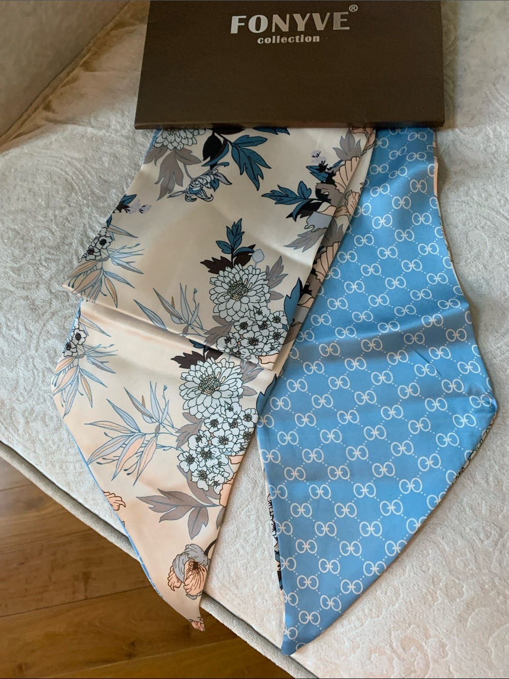 Floral & Geo Reversible Silk-Feel Scarf Tie - Blue & Cream